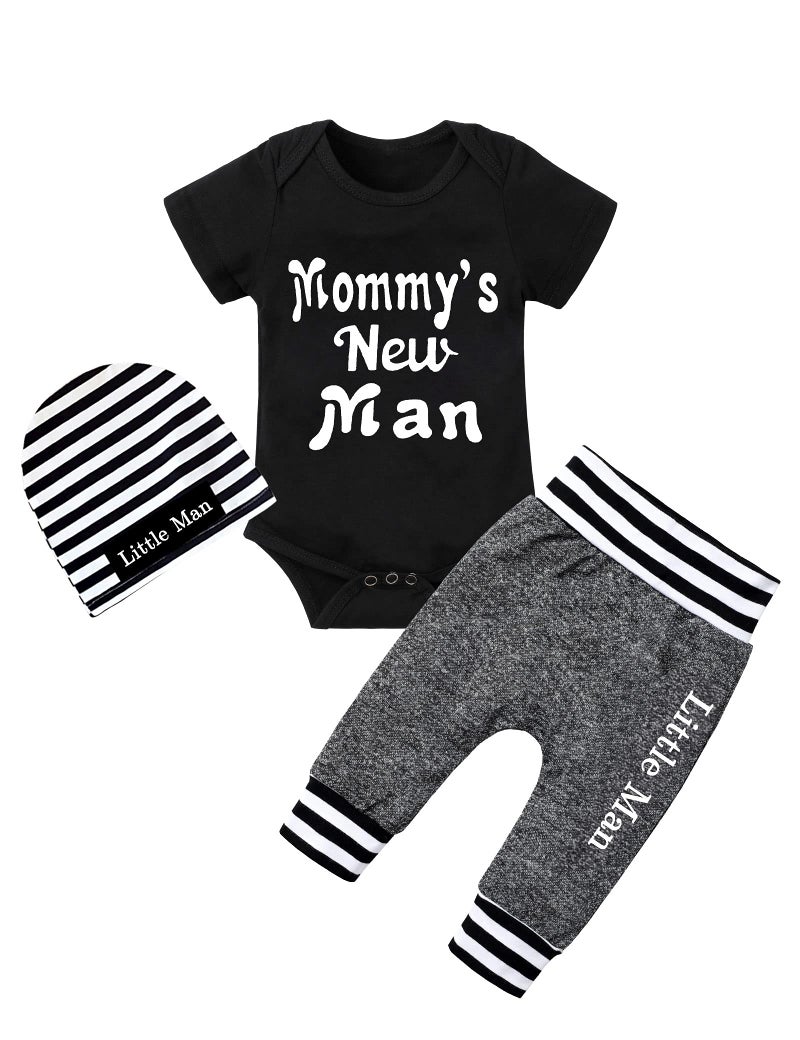 Fommy Newborn Baby Boy Clothes mommy's New Man Letter Print Short Sleeve Romper+Long Pants+Stripe Hat 3PCS Outfits Set 0-3 Months - Image 1